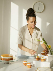 Woman happily making breakfast for her children.